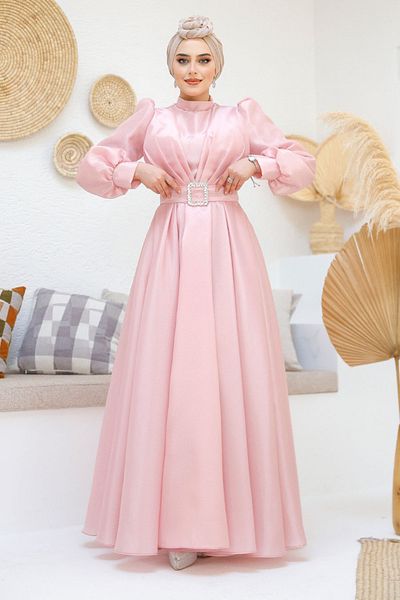 Neva Style Rochie de seară hijab roz cu centură cu cataramă 45295p