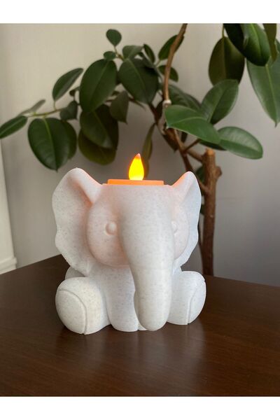 3D PLUS Desıgn Mermer Desenli Sevimli Fil Tealıght Mumluk Şamdan Obje Dekor S...