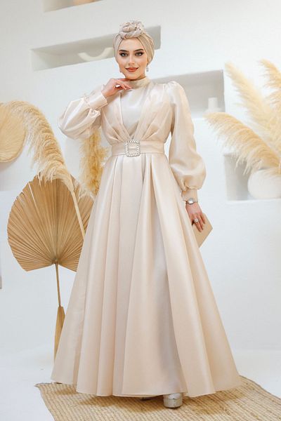 Neva Style Rochie de seară hijab bej cu centură cu cataramă 45295bej
