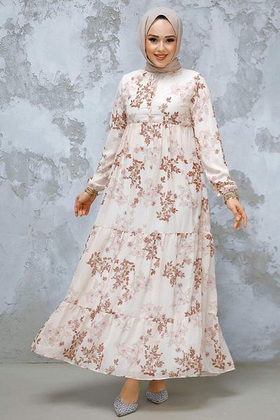 Neva Style Φόρεμα Hijab με λουλούδια καφέ 22054KH