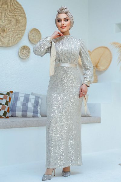 Neva Style Sequin Sequin Cream Hijab Evening Dress 4667Kr