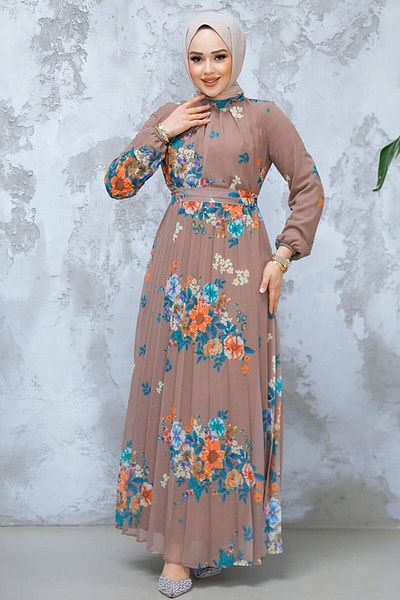 Neva Style Rochie hijab din nurcă închisă cu imprimeu floral 34468KV