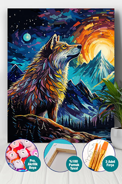 Picasso World Hobby Art Sayılarla Boyama 40x50 Tuval Fırça Boya Dahil Yıldızlı Gecede Fantastik Kurt