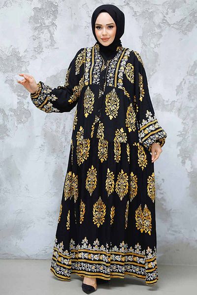Neva Style Mustard Print Hijab Dress - 18239Hr