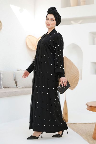 Neva Style Costum Abaya Hijab bleumarin brodat cu perle 42781S