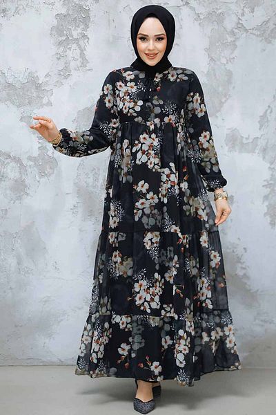 Neva Style Rochie neagră cu hijab cu modele florale 22053S