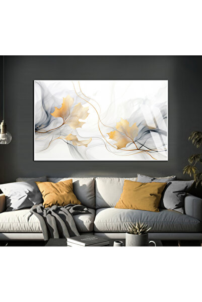 Harika bir ev HARİKABİREV | FORMĂ ABSTRACTĂ DE FRUNZE DE AUR ALB MOALE | TABL...