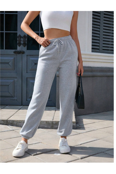 CAONNES Gri Sokak Modası JOGGER Büyük Beden Eşofman Altı Pantolon Altı 2 İplik Örme Kumaş Tessetür Spor8654