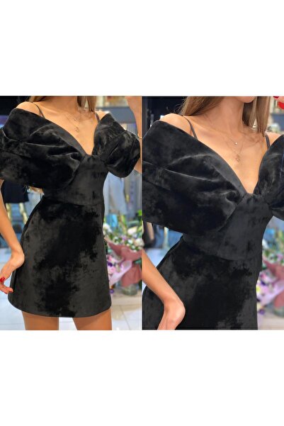 PERLE DONNA Kadın Kadife Doku ve Fiyonk Detayıyla Zarif Mini Elbise