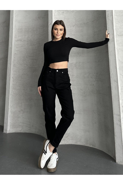 kleshus Μαύρο τζιν με υπερυψηλή μέση Comfort Lycra Mom Jeans Pantalon