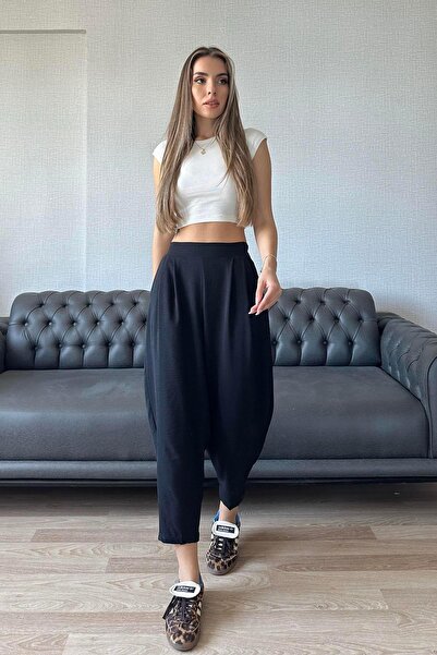Moda cameo Mohinto Keten Şalvar Pantolon Siyah