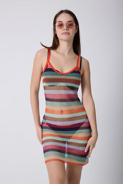 MY Wooft Colorful Beach Top Knitted Cotton Short Sleeve Pareo Beach Dress Kimono Kaftan