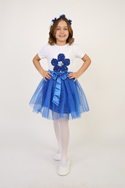 FATELLA Tricou cu flori și paiete albastre Saks pentru fete, Set fustă tutu a...