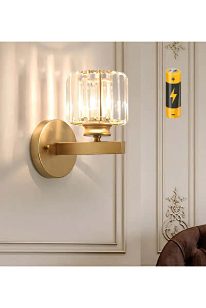 burenze Modern Tasarım Kristal Taşlı Aç Kapa Butonlu Pilli Aplik Tak Çalıştır Eskitme Gold