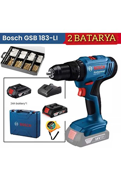 Bosch Gsb 183 Lİ Çift Bataryalı Darbeli Akülü Vidalama, Bosch 173 Parça Matkap Ucu Seti ve Metre