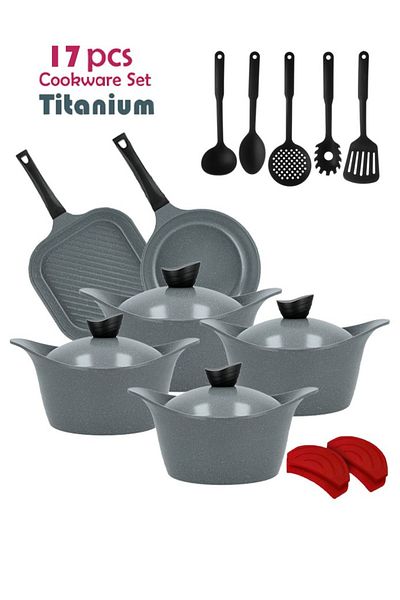 Badraig 17-Piece Granite Cookware Set Marble Nonstick Coating Grey