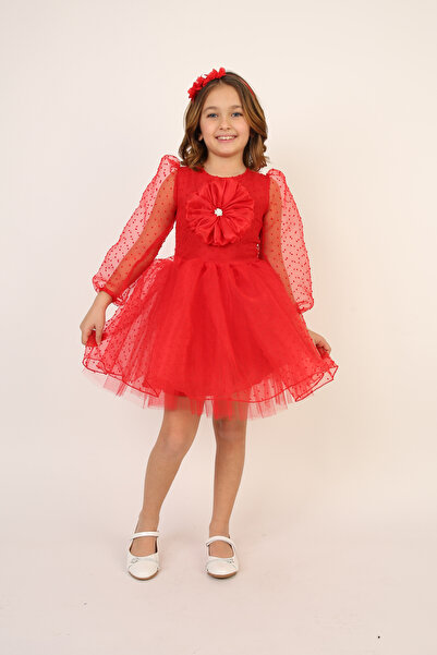 FATELLA Червена рокля за момичета с флорални детайли на гърдите, рокля от тюл...