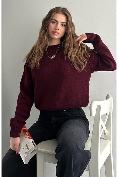 fujya Pulover de damă, cu gât crew, cusătură inversă, tricotaje cu textura moale, roșu claret