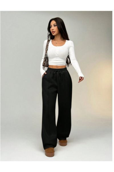 CAONNES Pantaloni negri largi, mărime mare - Pantaloni de trening din materia...