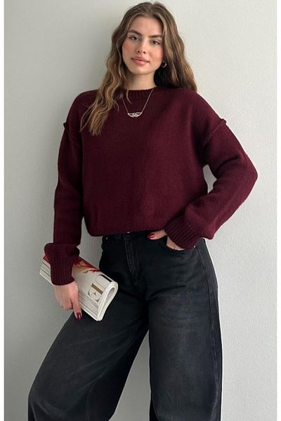 fujya Pulover de damă, cu gât crew, cusătură inversă, tricotaje cu textura moale, roșu claret