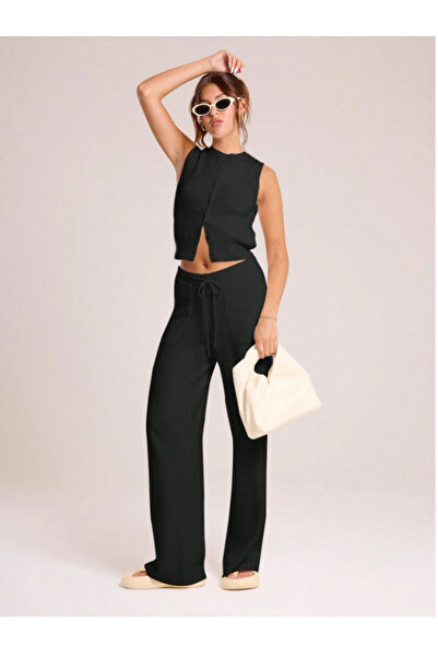 CAONNES Pantaloni negri largi de mărime mare - Pantaloni de trening din mater...