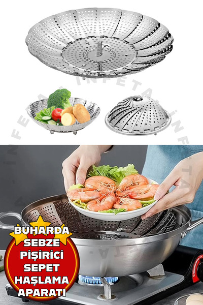 İnfeta Paslanmaz Buharda Sebze Haşlama Sepeti Katlanabilir Tencere Içi