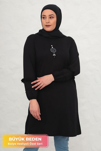 tarzımsüper Plus Size Necklace Gift Hijab Tunic Stretchy Fabric Ruffled Comfort Model Tunic with Slit in Waist