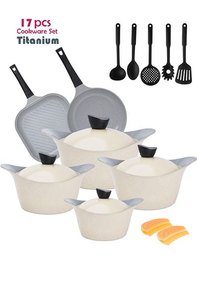 Badraig 17-Piece Granite Cookware Set Marble Nonstick Coating Beige