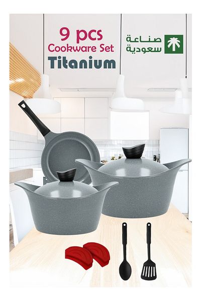 Badraig 9-Piece Granite Cookware Set Marble Nonstick Coating Grey