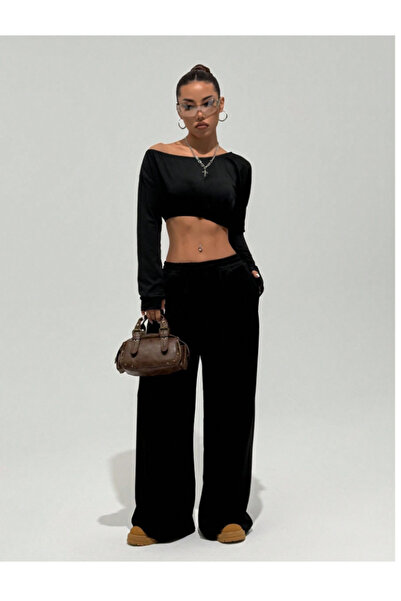 CAONNES Μαύρο φαρδύ παντελόνι μεγάλου μεγέθους - Ελαστικό και άνετο υφασμάτιν...