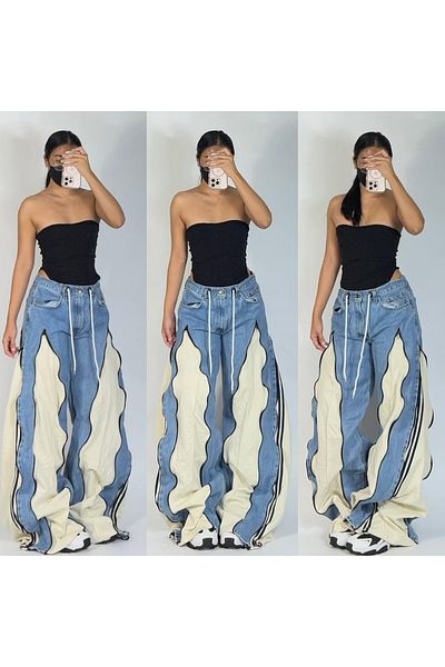 Gofeel Unisex Premium Baggy Jean - Μπλε-μπεζ παντελόνι με φερμουάρ με λεπτομέρειες