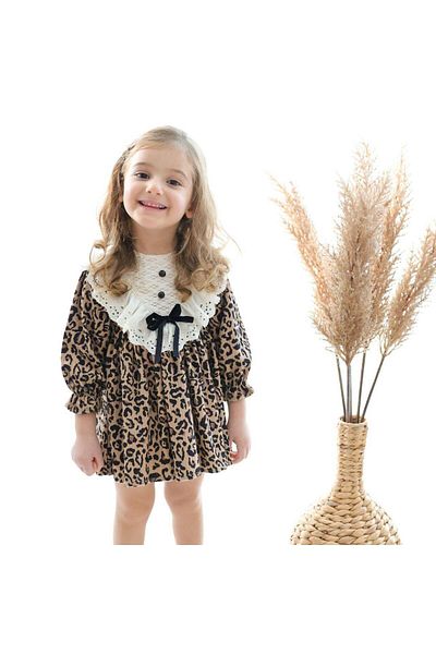 ÇOCUK GİYİM MERKEZİ Girl's Leopard Velvet Dress