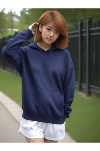 DEEPSENCE Unisex Navy Blue Oversize Hooded Plain Sweatshirt Raster Fabric