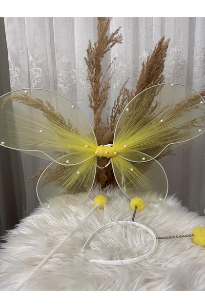 entrend Pearl Detailed Butterfly Wing Yellow Crown Wand Set
