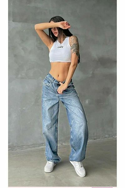 Trn JNS Talya Blue Snow Wash Cataramă Detaliată Loose Fit Picior Lat Casual Baggy Jean Jeans Pantaloni largi de damă