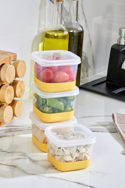 Poomy 4'Lü Set Silikon Tabanlı Dikdörtgen 550 ml Difriz Saklama Kabı - Derin Dondurucu Saklama Kabı