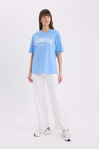 DeFacto Tricou cu mânecă scurtă imprimat cu mânecă scurtă, cu croială largă, de sezon nou