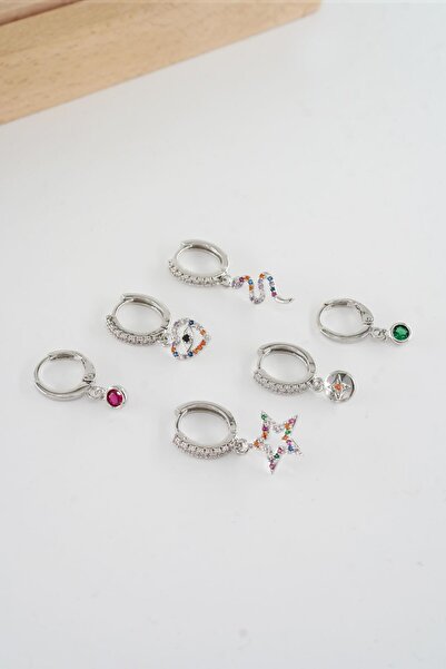 By Zeyna Aksesuar Kadın Vip Seri  Antialerjik Baget Zirkon Taşlı 6'lı Küpe