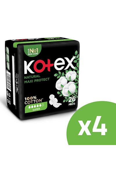 Kotex فوط ماكسي بروتيكت الطبيعية، 100% قطن، مقاس كبير مع أجنحة، 26 فوطة، 4 عبوات