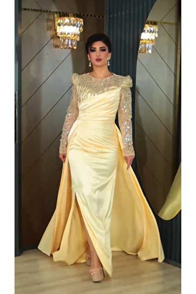 Butik Taşlı ve uzun kollu saten elbise