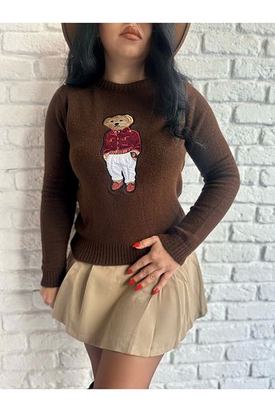 moneta boutique Дамски пуловер с кръгло деколте и щампа на теди