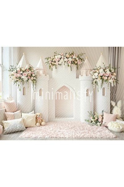 Minimalisfy Masalsı Arka Plan, 200x150cm, Şirin Çiçekli Kalesi ve Yumuşak Ren...