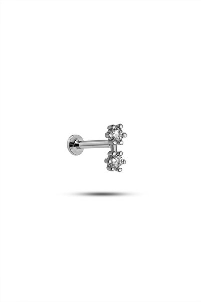 Nereze 925 Ayar Gümüş Rodyumlu Minimal 2 Zirkon Taşlı Tragus Piercing Küpe