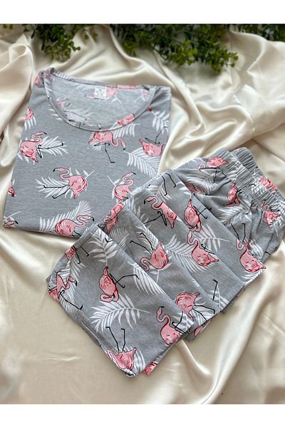 KARAZ Flamingo Patterned Gray and Pink Pajama Set