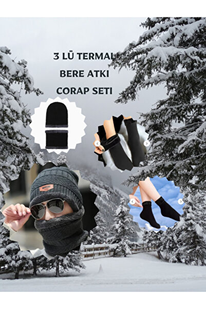 SOSYETEZGAHI Men's Thermal 3-Piece Beret Atki Socks Set Winter Beret Atki The...