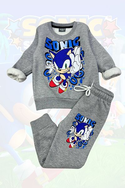 Sonic طقم بدلة رياضية للأولاد من عمر 3 إلى 10 سنوات - طباعة سونيك، كم طويل، 3 خيوط بارزة