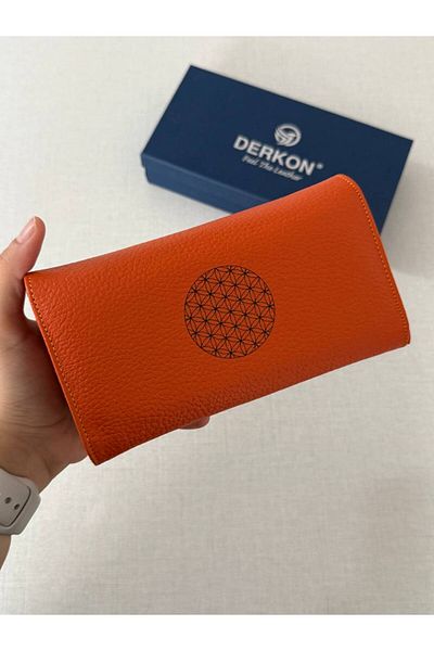 DERKON Double Flap Genuine Leather Orange Women's Wallet with Flowers of Life