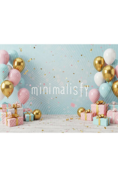 Minimalisfy Renkli Balonlar ve Şenlikli Hediye Kutuları ile Dolu Arka Plan, 2...
