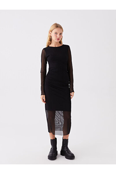 LC Waikiki Damenkleid – Rundhalsausschnitt, einfarbig, lange Ärmel