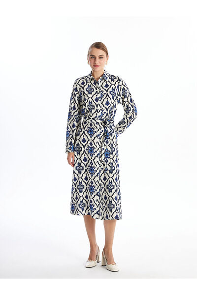 LC Waikiki Nevavm Women's Patterned Long Sleeve Shirt Dress with Difference
